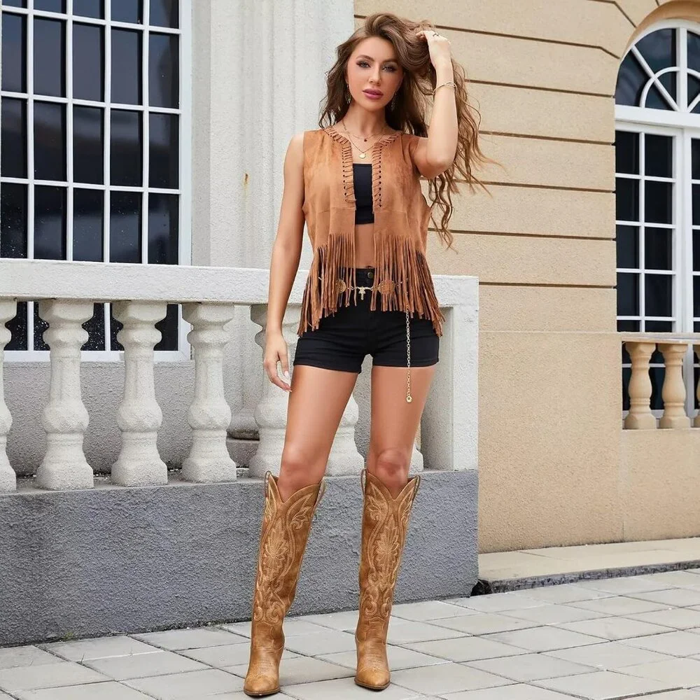 Women's Knee High Western Embroidered Chunky Heel Tall Brown Boots - Picture 4 of 6